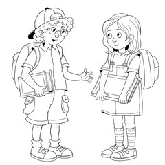 Back to school. Cute schoolchildren ready for school. Coloring page. Poster. Funny cartoon characters