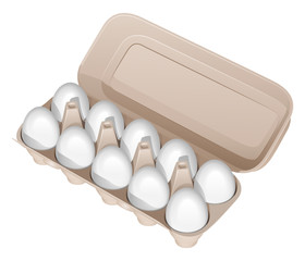 Десять белых куриных яиц в открытой картонной упаковке, векторная иллюстрация на белом фоне