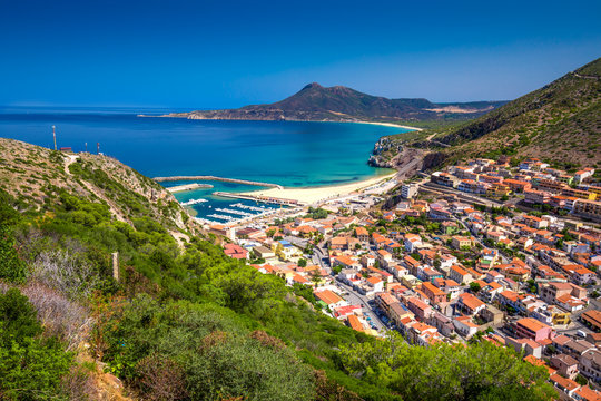 Buggerru town near Portixeddu beach and San Nicolo, Sardinia, Italy.