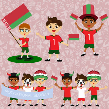 Set of boys with national flags of Belarus. Blanks for the day of the flag, independence, nation day and other public holidays. The guys in sports form with the attributes of the football team