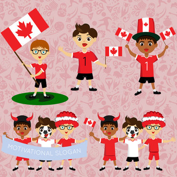 Set of boys with national flags of Canada. Blanks for the day of the flag, independence, nation day and other public holidays. The guys in sports form with the attributes of the football team