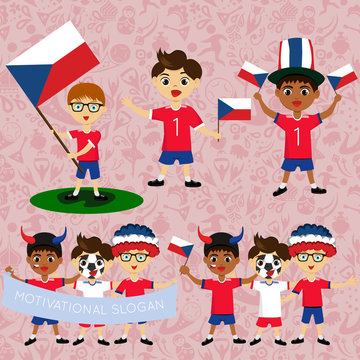 Set of boys with national flags of Czech Republic. Blanks for the day of the flag, independence, nation day and other public holidays. The guys in sports form with the attributes of the football team