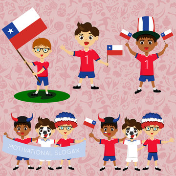 Set of boys with national flags of Chile. Blanks for the day of the flag, independence, nation day and other public holidays. The guys in sports form with the attributes of the football team