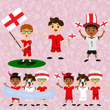 Set of boys with national flags of England. Blanks for the day of the flag, independence, nation day and other public holidays. The guys in sports form with the attributes of the football team