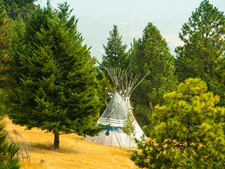 An Indian replica teepee/lodge in a clearing in the forest.