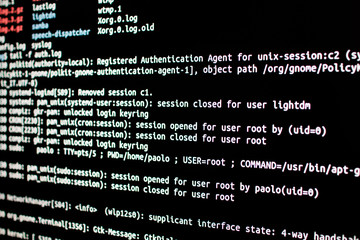 Analysis of authentication log files in an operating system. Ssh connection through a terminal to test intrusion in an operating system - obrazy, fototapety, plakaty