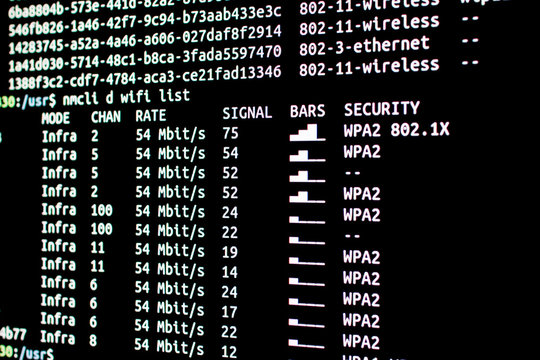 Scanning wifi networks available with security level and signal strength. Analysis of wifi networks from terminal connected by ssh protocol