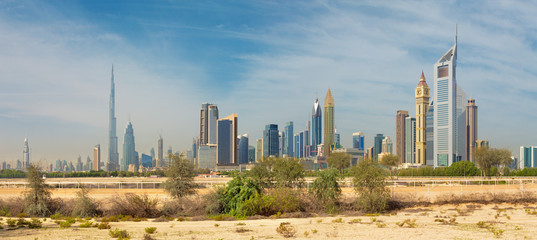 Dubai - The skyline of Downtown with the Burj Khalifa and Emirates Towers.