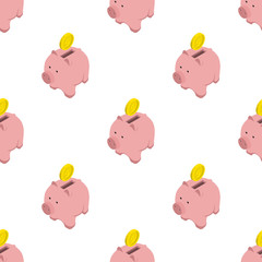 Pattern with piggy bank pig and coin on white background