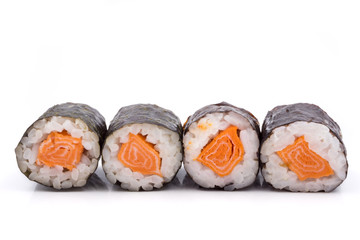 Sushi rolls, rice with salmon and seaweed on white background, japanese food.