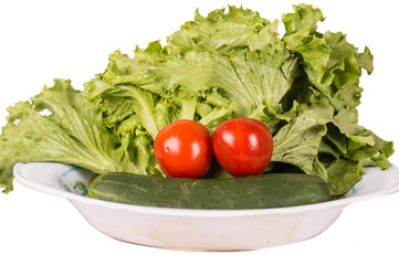 Salad, tomato and cucumber on a plate.