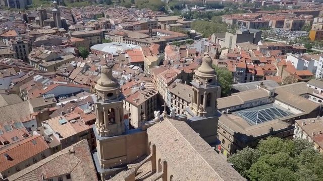 fly by Santa Maria Cathedral in the city of Pamplona
