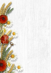 Vintage wooden background with border of wildflowers and ears