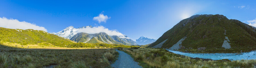 Panorama of Aoraki Mount Cook National Park, New Zealand