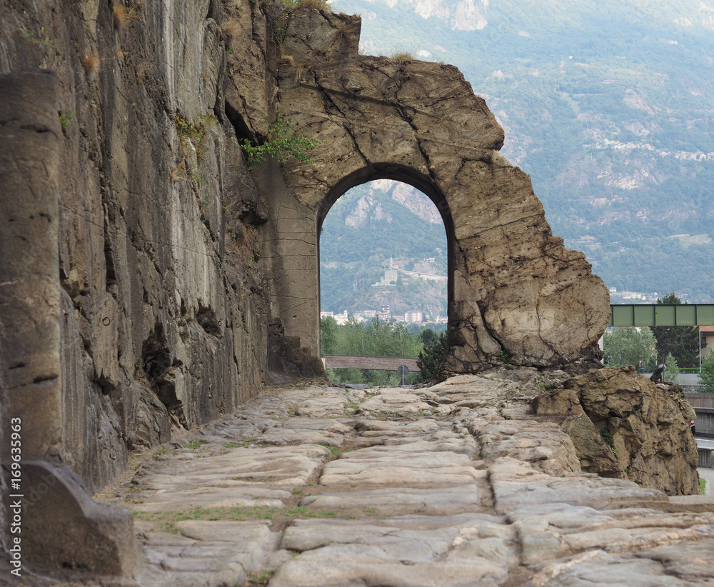 Poster Ancient roman road arch in Donnas