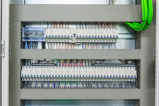 Wiring PLC Control panel with wires in cabinet for machine industrial factory