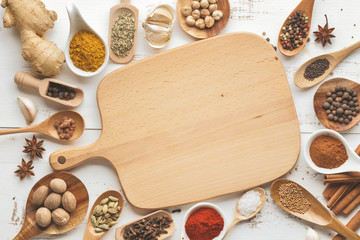 Mixed dry spices in wooden spoons