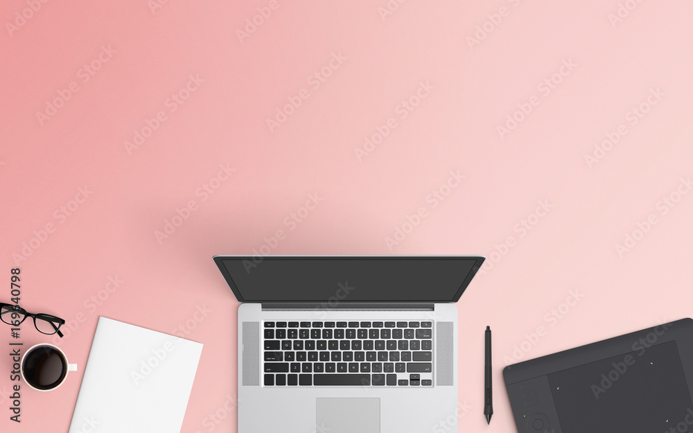 Fototapete minimal workspace with laptop, coffee cup and graphic tablet copy space on color background. top vie