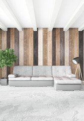 White bedroom minimal style Interior design with wood wall and grey sofa. 3D Rendering. 3D illustration