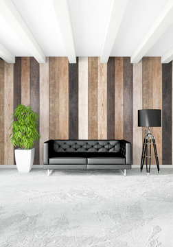 Black sofa minimal style Interior design with wood wall and dark sofa. 3D Rendering. 3D illustration