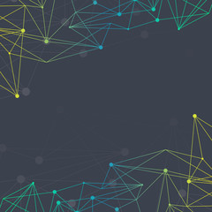 Geometric black background Molecule and communication for brochure and slideshow. Geometric abstract background with connected line and dots. Vector abstract circles infographic network template.