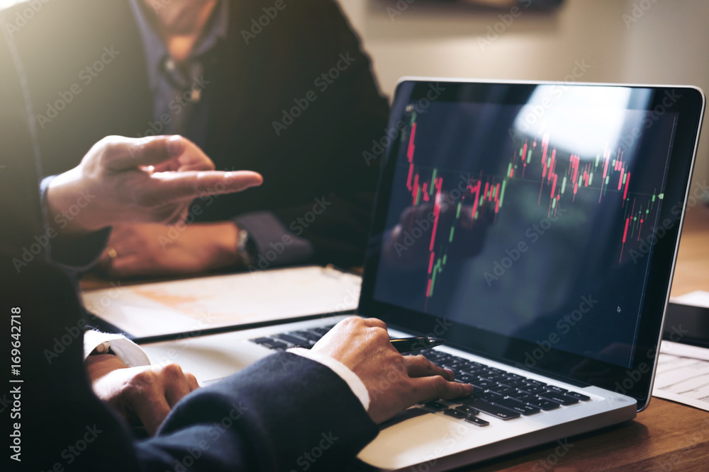 Poster business team investment working with computer and analysis graph stock market trading with stock ch