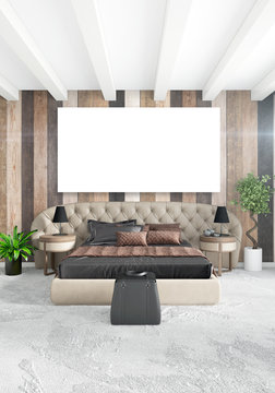 White bedroom minimal style Interior design with wood wall and dark sofa. 3D Rendering. 3D illustration