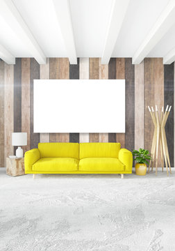 Minimal bedroom Interior design wood wall, yellow sofa and copyspace into an empty frame. 3D Rendering. 3D illustration