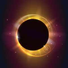 Solar eclipse, astronomical phenomenon - full sun eclipse. Blurred light rays and lens flare backdrop. Glow light effect. Star burst with sparkles. The planet covering the Sun in eclipse