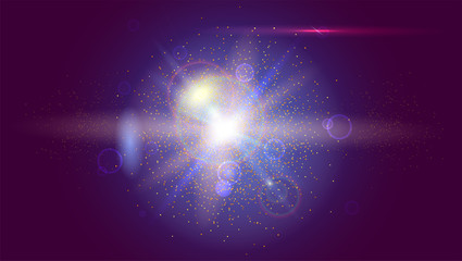 Blurred light rays and lens flare backdrop. Glow light effect. Star burst with sparkles. Abstract bright motion background. Dynamic digital, technology backdrop. Vector illustration.