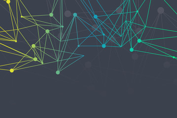 Geometric black background Molecule and communication for brochure and slideshow. Geometric abstract background with connected line and dots. Vector abstract circles infographic network template.