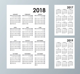 Black and white color simple Calendar template for 2017, 2018 and 2019. Week starts from Sunday.