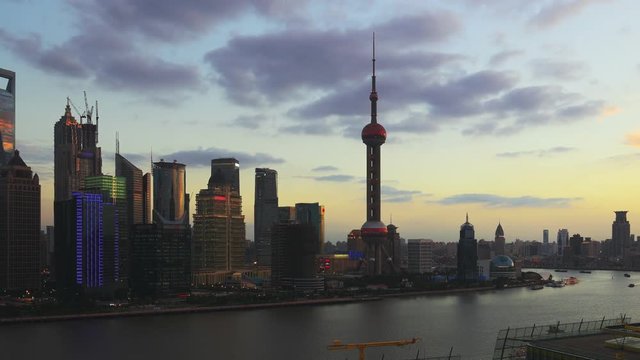 Panning Time-lapse: Shanghai skyline from dusk to night.