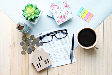 Business, finance, saving money, banking, property loan or mortgage concept :  Top view or flat lay...