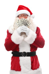 Fototapeta na wymiar Santa Claus holding money on white background