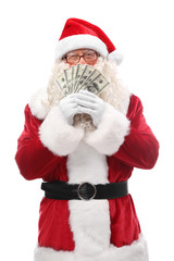 Santa Claus holding money on white background
