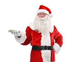 Santa Claus holding money on white background