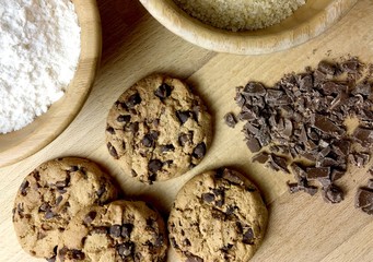 Chocolate cookies and ingredients for baking. Top view.