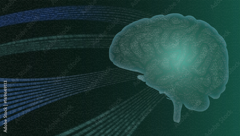 Poster digital brain. technological and binary data code. artificial intelligence (a.i.) computer concepts.