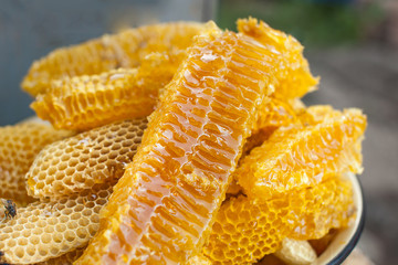 Close up view of section of wax honeycomb from beehive on the vintage wooden background. Honey is beekeeping healthy produce. Bee honey collected in the yellow beautiful honeycomb.