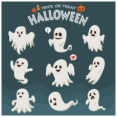 Fototapeta premium Vintage Halloween poster design with vector ghost character. 