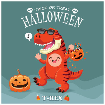 Vintage Halloween poster design with vector T-Rex dinosaur character. 