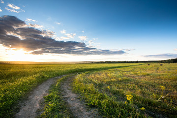 Obraz premium Road in the field against the sunset background