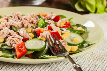 Fresh spinach salad with tuna, cucumber, corn, and red paprika on a plate