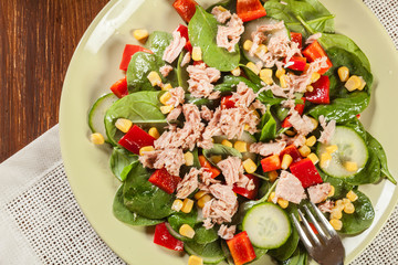 Fresh spinach salad with tuna, cucumber, corn, and red paprika o