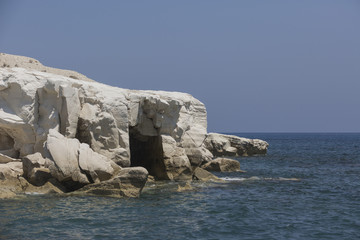 Fototapeta premium Cave in white rocks near Governor's beach; Cyprus. Sea landscape.