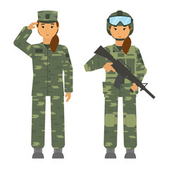Vector soldier set woman with weapon isolated on white background