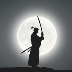 A Japanese Swordsman Under The Moonlight 