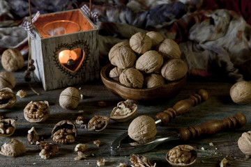 A cup of black strong coffee and mint chocolate in an environment of sweets. Autumn concept, background, close up