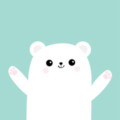 Polar white little small bear cub. Reaching for a hug. Cute cartoon baby character icon. Open hand ready for a hugging Arctic animal collection. Flat design Winter blue background Isolated.